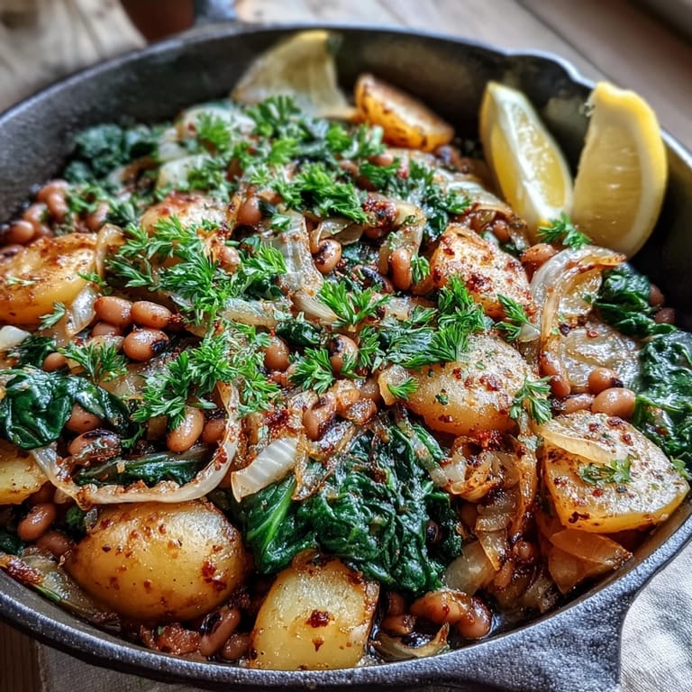 A warm Black-Eyed Pea Skillet Dinner topped with fresh parsley, served with lemon wedges on a rustic table setting.