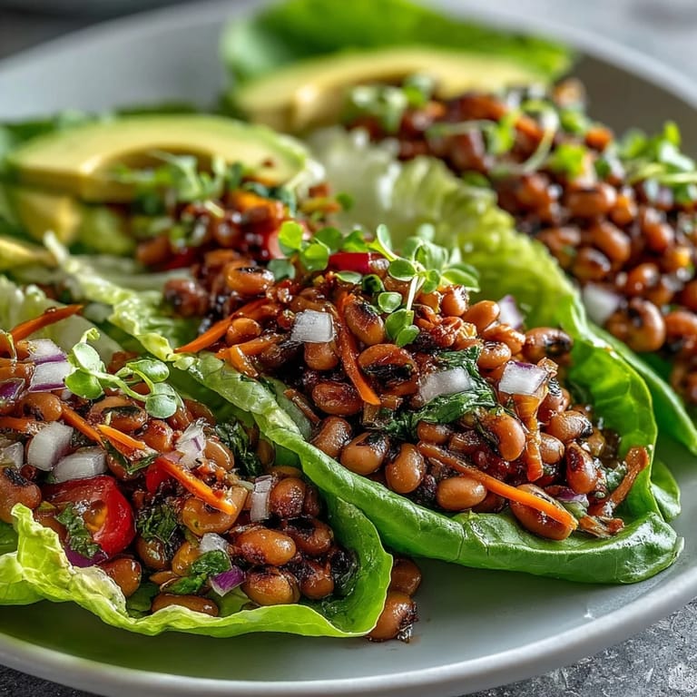Spoonfuls of warm black-eyed pea mixture made with smoked paprika and lemon juice, served in fresh lettuce wraps for a light lunch.