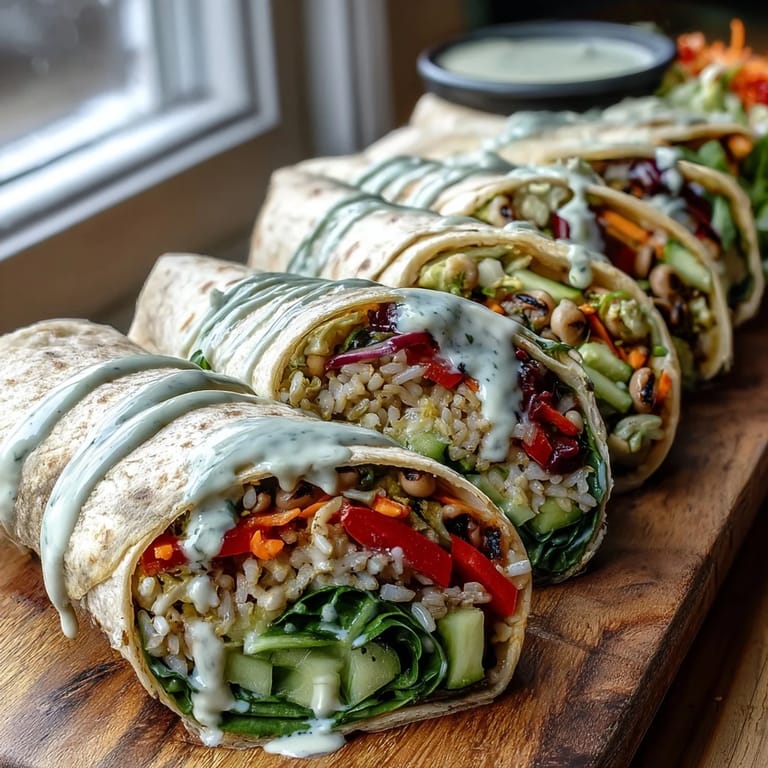 Whole wheat Black-Eyed Pea Wraps stuffed with spinach, carrots, and bell peppers, sliced in half to reveal the colorful vegan filling.