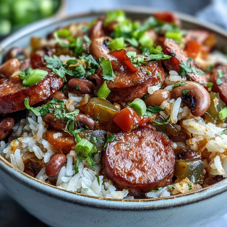 A large pot of homemade Black-Eyed Pea Jambalaya showcases the hearty one-pot meal ready for dinnertime.