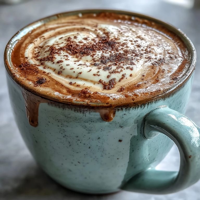 Creamy hot hojicha latte with a thick milk froth head, ready to enjoy alongside a honey drizzle on the side.