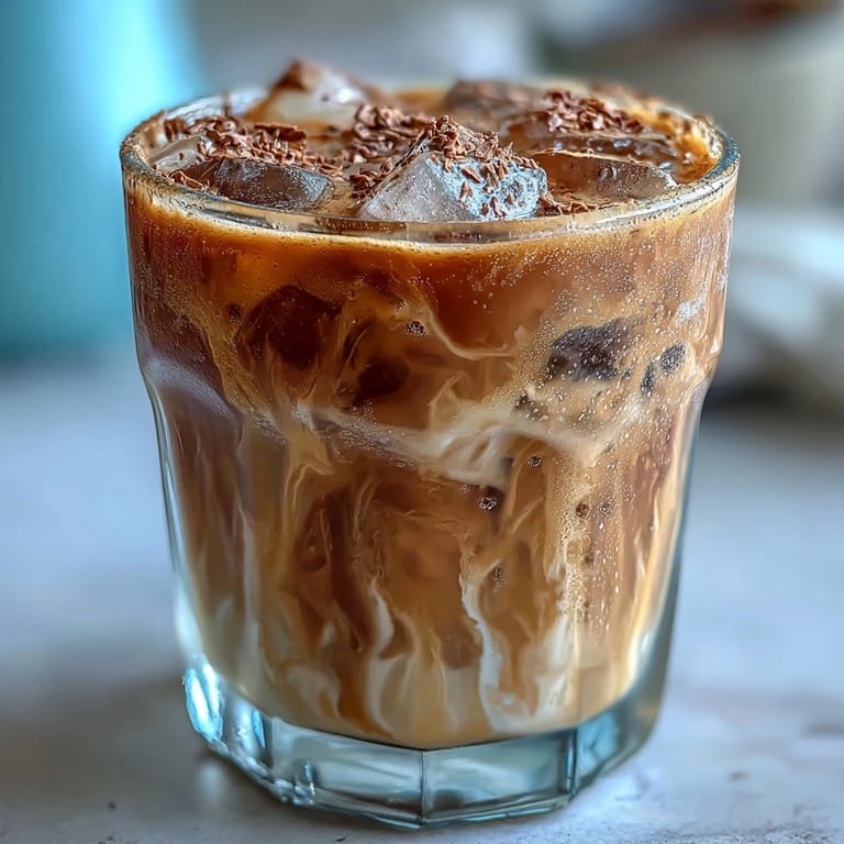 Pouring milk into a glass of dark Iced Hojicha Latte over ice for a refreshing drink.