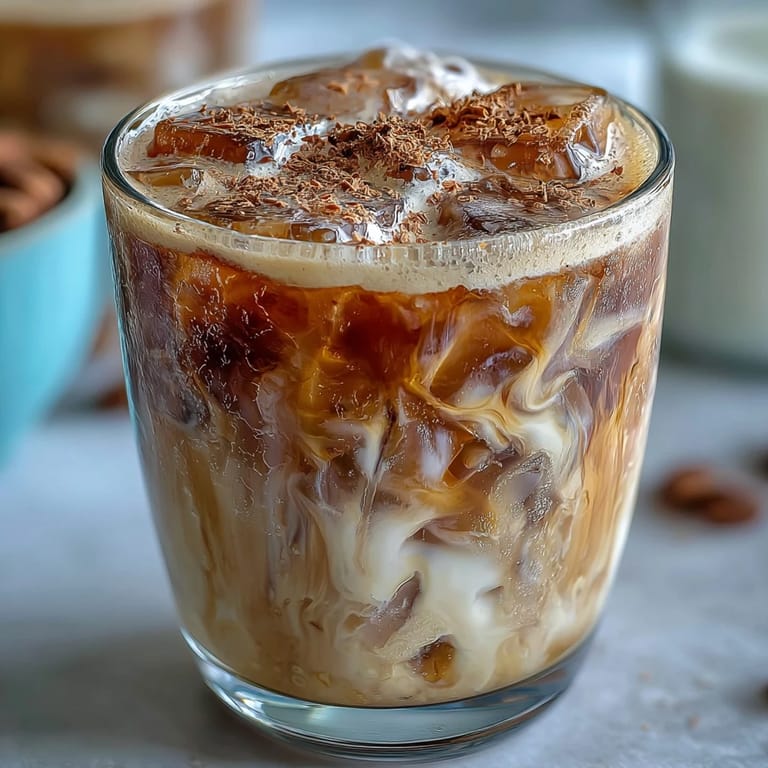 A close-up of a frothy Iced Hojicha Latte, sweetened with maple syrup and vanilla. 