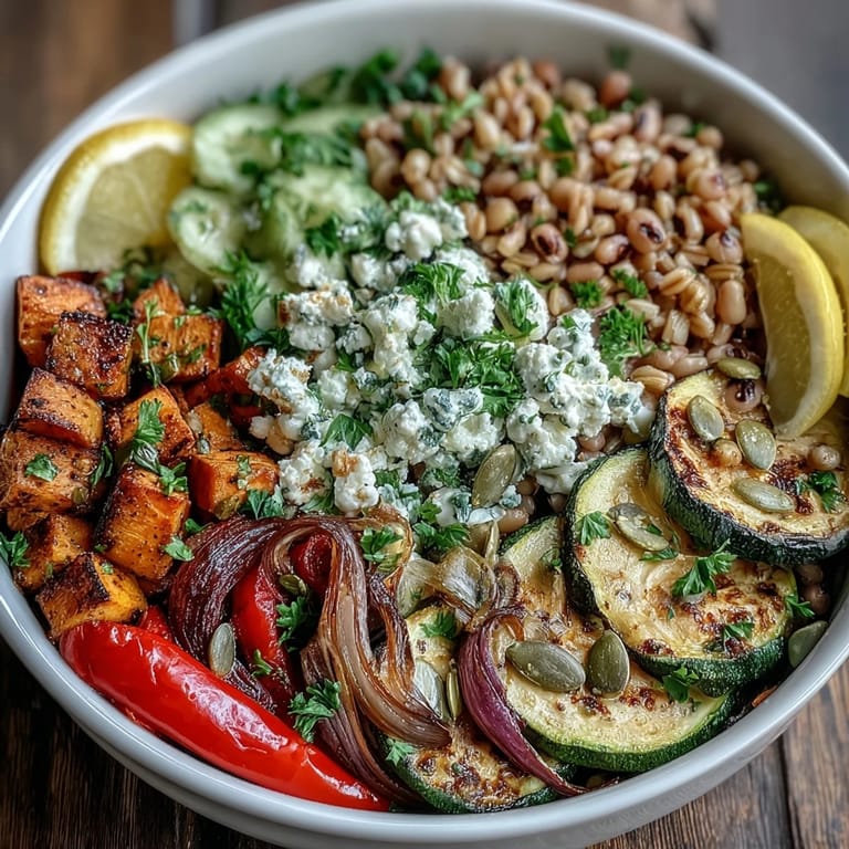 Fresh cilantro and toasted pumpkin seeds garnish the bowl with lemon wedges on the side.