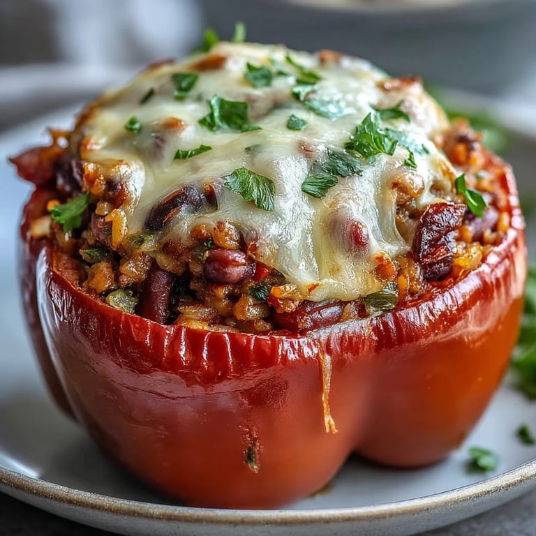 Freshly baked Black-Eyed Pea Stuffed Peppers reveal a savory filling of peas, rice, and aromatic vegetables inside the bright, steaming pepper halves.