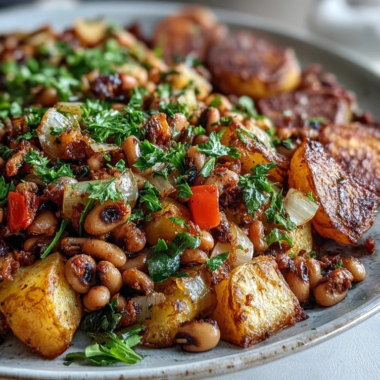 A hearty Black-Eyed Pea Hash garnished with fresh parsley, served hot alongside a fried egg for breakfast.