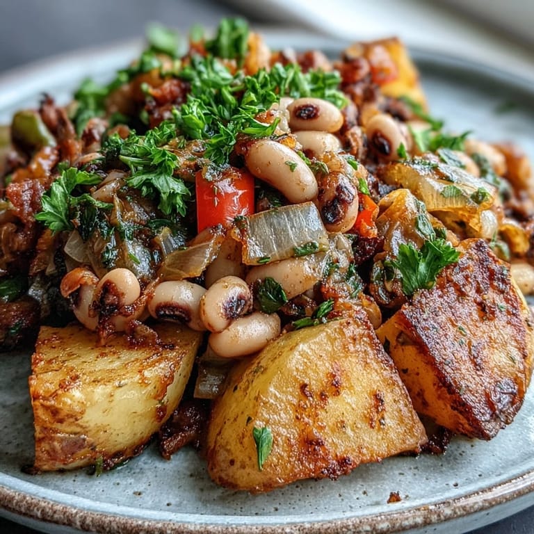 Vegetarian and gluten-free Black-Eyed Pea Hash features colorful veggies and smoked paprika, roasted to perfection on a baking sheet.
