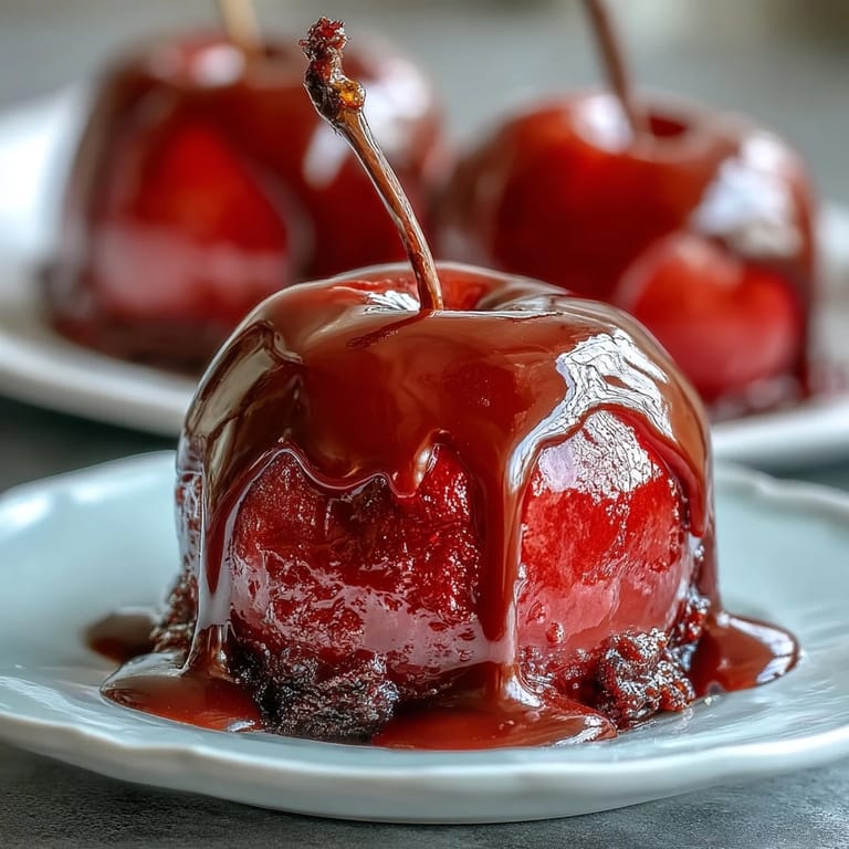 Classic red candy apples with white chocolate drizzle, featuring a shiny hard candy shell and creamy white accents.