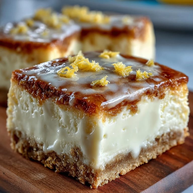 Zesty limoncello cheesecake bars with golden graham cracker crust, dusted with powdered sugar and topped with candied lemon slices.