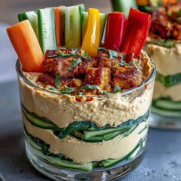 Bright and colorful snack cups filled with crisp vegetables and smooth hummus for a satisfying bite.  