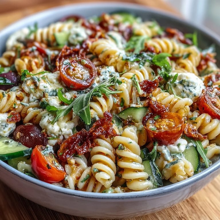 Vibrant Easy Picnic Pasta Salad with Italian Dressing, featuring rotini pasta, cherry tomatoes, cucumbers, and bell peppers, perfect for outdoor dining.