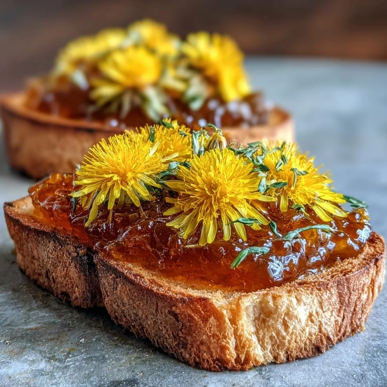 Delicate floral dandelion jelly, a sweet honey-like preserve, perfect for breakfast or tea time treats.