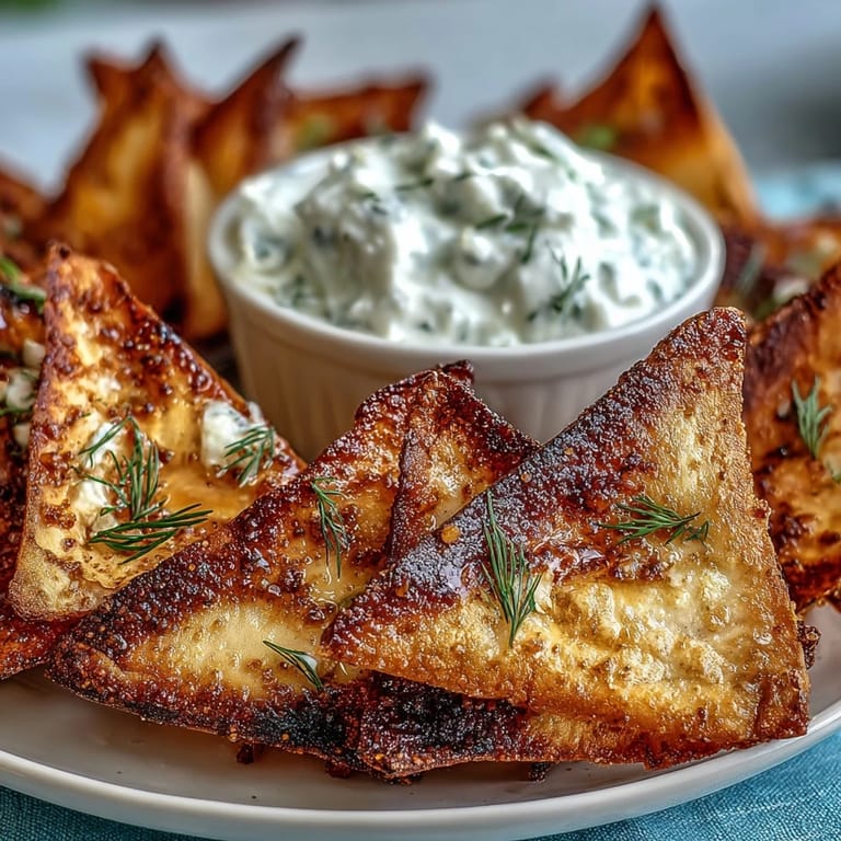 Oven-crisped pita chips with tzatziki — warm, salted wedges served alongside chilled, tangy Greek yogurt cucumber dip.