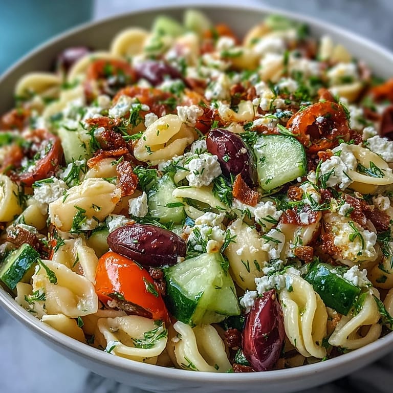 Greek-inspired Summer Pasta Salad with Olives and Feta—refreshing chilled pasta mixed with colorful vegetables, kalamata olives, and crumbled feta, perfect for picnics and BBQs.