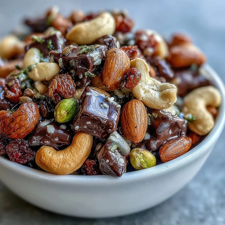 Homemade Trail Mix with Dark Chocolate, combining roasted nuts, dried cranberries, and coconut flakes for a wholesome, energizing treat anytime.