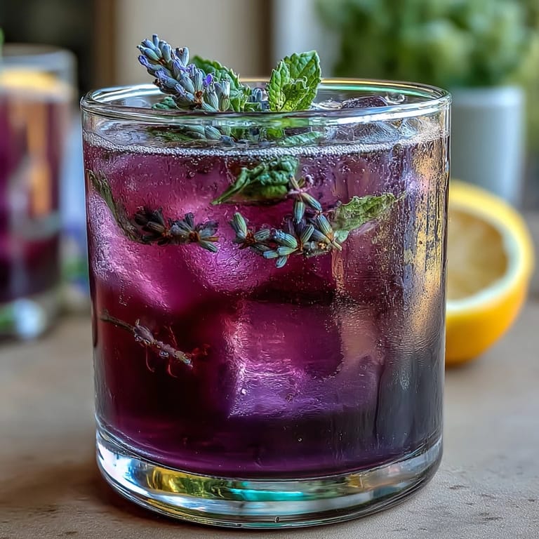 A floral lavender lemonade refresher bursting with bright citrus flavor and a stunning purple hue, perfect for warm-weather sipping or special gatherings.