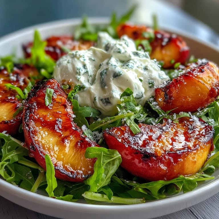 Sweet, caramelized grilled peaches paired with burrata cheese create a vibrant, honey-drizzled salad bursting with fresh flavors.