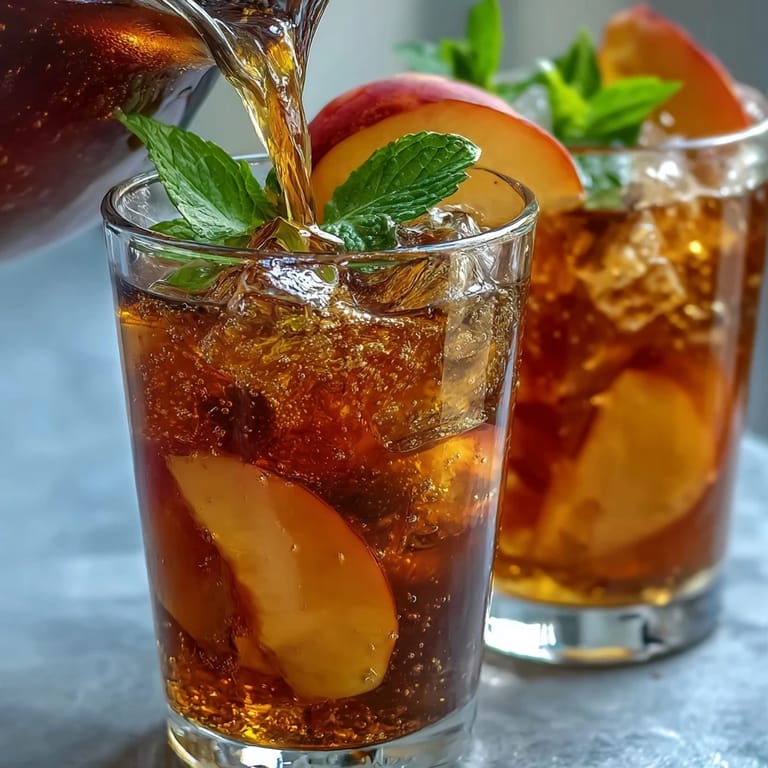 Vibrant summer beverage blending sweet mango and juicy peach with sparkling tea, served over ice and topped with fresh mint leaves.