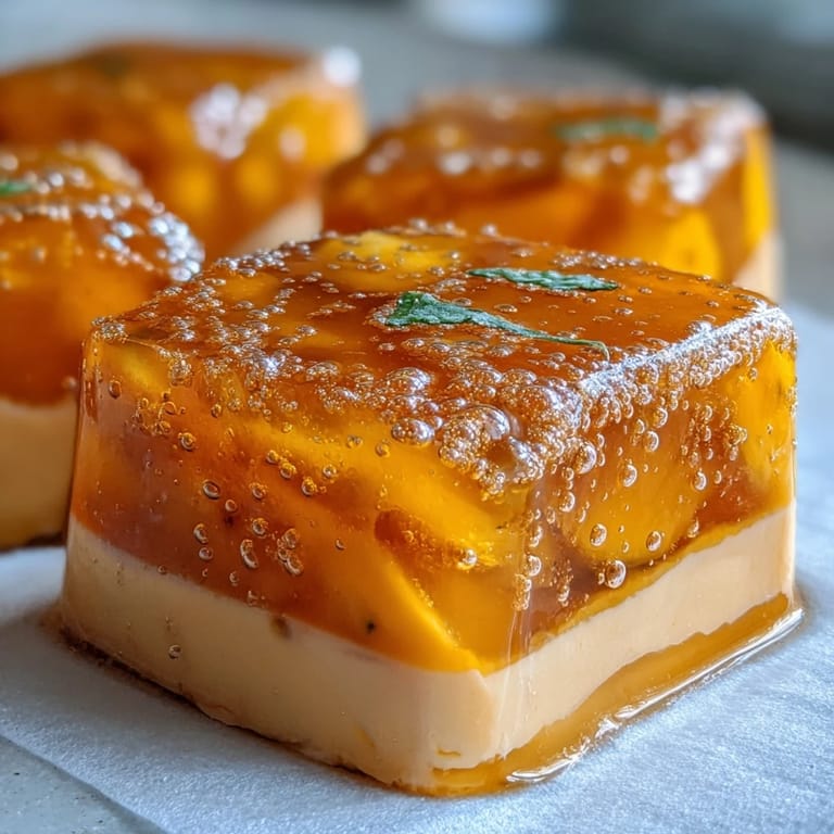 Golden mango agar-agar cubes topped with smooth coconut milk, a vibrant dessert.