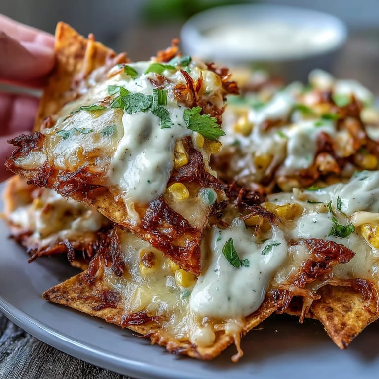 Festive Elote Nachos piled high, ready for sharing with a spicy crema drizzle.