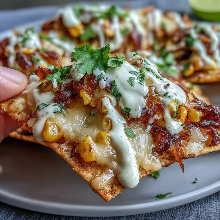 Close-up of cheesy Elote Nachos, topped with corn and vibrant cilantro garnish.