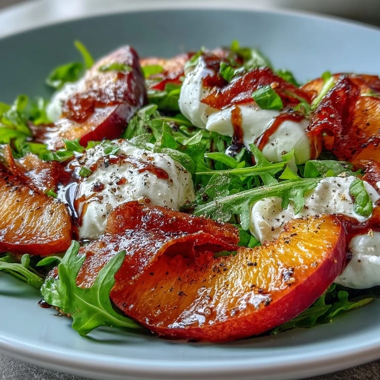 Arugula, prosciutto, and peaches unite with creamy burrata in a light salad.