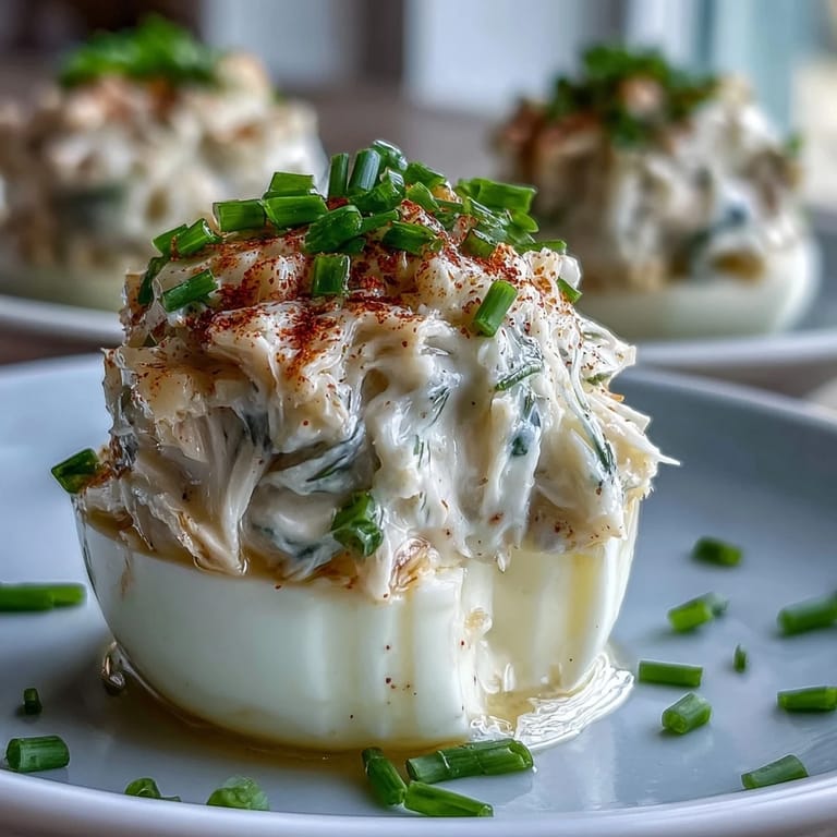 Showcasing Crab Cake Deviled Eggs topped with zesty Old Bay spice.