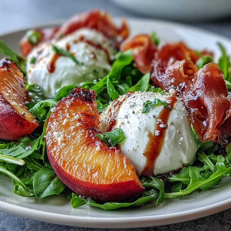 Juicy peaches, delicate burrata, and savory prosciutto create vibrant summer salad perfection.