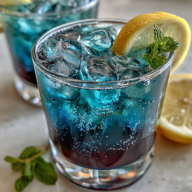 Refreshing butterfly pea flower lemonade ready to be served with ice and mint.