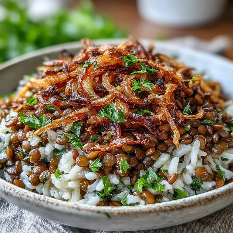 Aromatic Levantine Mujadara, a comforting lentil and rice dish with crunchy onions.
