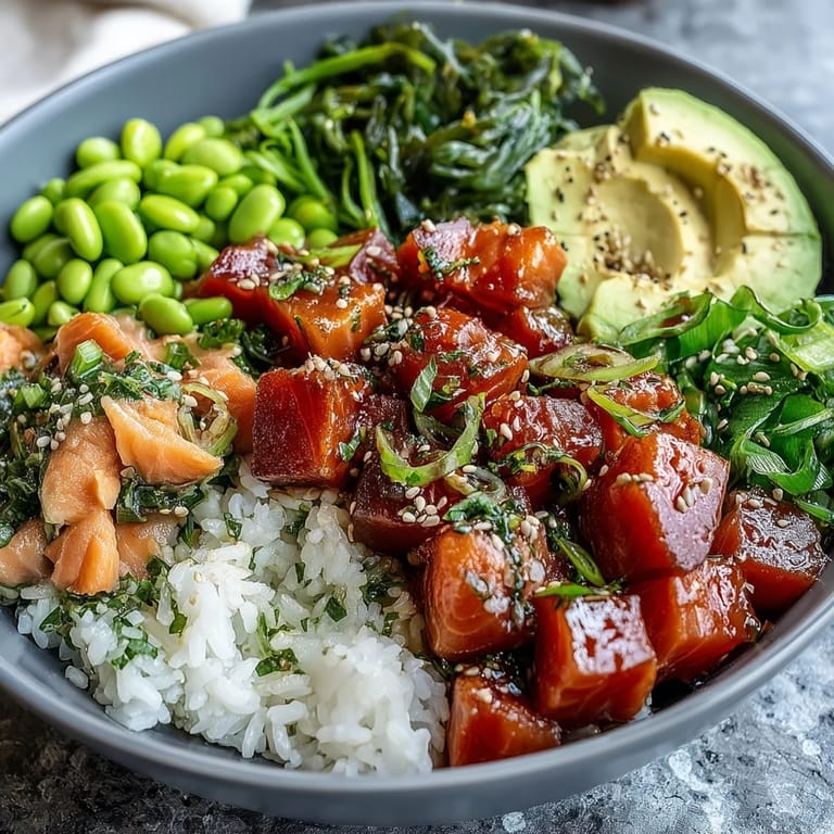 Hawaiian-inspired salmon poke bowl, artfully arranged with vibrant toppings ready to enjoy.