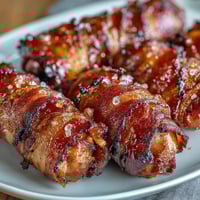 Golden, crispy bacon-wrapped smokies fresh from the oven, glistening with a sweet brown sugar glaze.