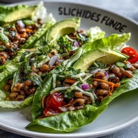 Crisp butter lettuce cups filled with seasoned black-eyed peas, diced red bell pepper, and fresh cilantro, topped with avocado.