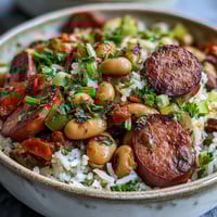 Steaming Black-Eyed Pea Jambalaya with sausage and peppers is served in a rustic bowl with a side of hot sauce.