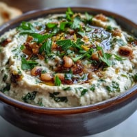 Creamy smashed black-eyed peas dip topped with fresh parsley in a rustic bowl, surrounded by pita chips and crisp vegetables for dipping.