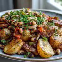 Golden roasted potatoes and black-eyed peas are tossed with diced bell peppers and onions in this savory Southern hash.