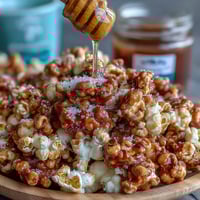 Baseball Season Popcorn Mix with Peanuts and Caramel in a big bowl, drizzled with golden caramel and sprinkled with crunchy roasted peanuts.