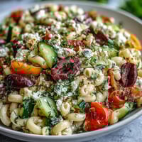 Summer Pasta Salad: Greek Style with Olives and Feta—vibrant pasta tossed with crisp cucumbers, juicy tomatoes, briny olives, and creamy feta in a tangy herb dressing.