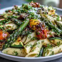 Spring Pasta Primavera with Fresh Veggies served in a white bowl, colorful vegetables and herbs glistening with olive oil, sprinkled with Parmesan cheese.