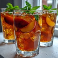 Refreshing mango peach sparkling tea with ripe fruit puree, chilled black tea, and a splash of fizz, garnished with mint and fruit slices.