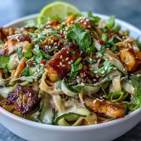 Cold sesame noodle bowl with cucumber, julienned veggies, and sesame seeds in a creamy sesame sauce.