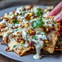 Stacked Cinco de Mayo Elote Nachos drizzled with smoky chipotle crema topping.